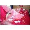 Image 1 : BOX OF BRIGHT COLORED FABRICS AND FLOWER DRESS