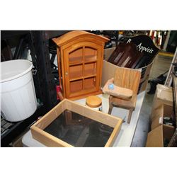 BOX OF DISPLAY CABINETS AND SMALL RELICA WOOD CHAIR ETC