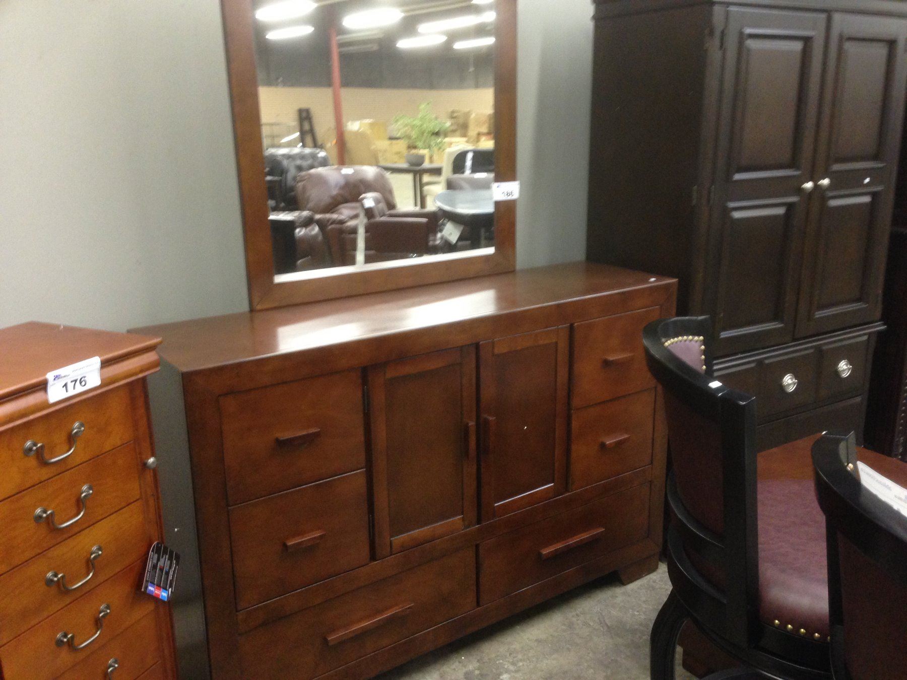 Dark Cherry Wood Dresser With Mirror And End Table