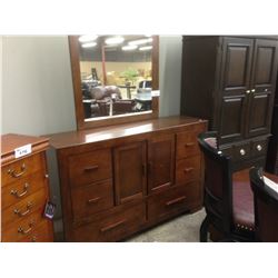 DARK CHERRY WOOD DRESSER WITH MIRROR AND END TABLE