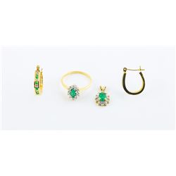 Ladies 10K Natural Emerald and Diamond Grouping of 3 Pieces