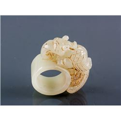 Chinese Hetian White Jade Beast Archer's Ring