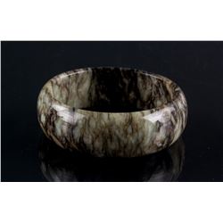 Chinese Green and Brown Jade Carved Wide Bangle