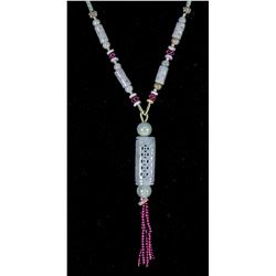 Chinese Green & White Jadeite Carved Necklace