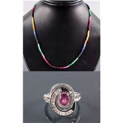 Set of Ruby Ring & Multi-Gem Necklace