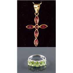 Set of Peridot Ring & Ruby Cross Pendant