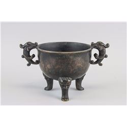 Chinese Bronze Tripod Dragon Ding Vessel with Mark