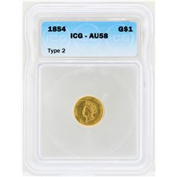 1854 $1 Indian Princess Head Gold Dollar Coin Type 2 ICG AU58