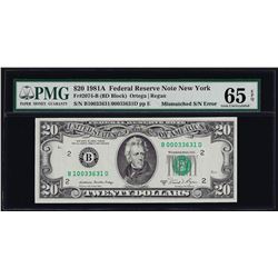 1981A $20 Federal Reserve Note Mismatched Serial Number ERROR PMG Gem Unc. 65EPQ