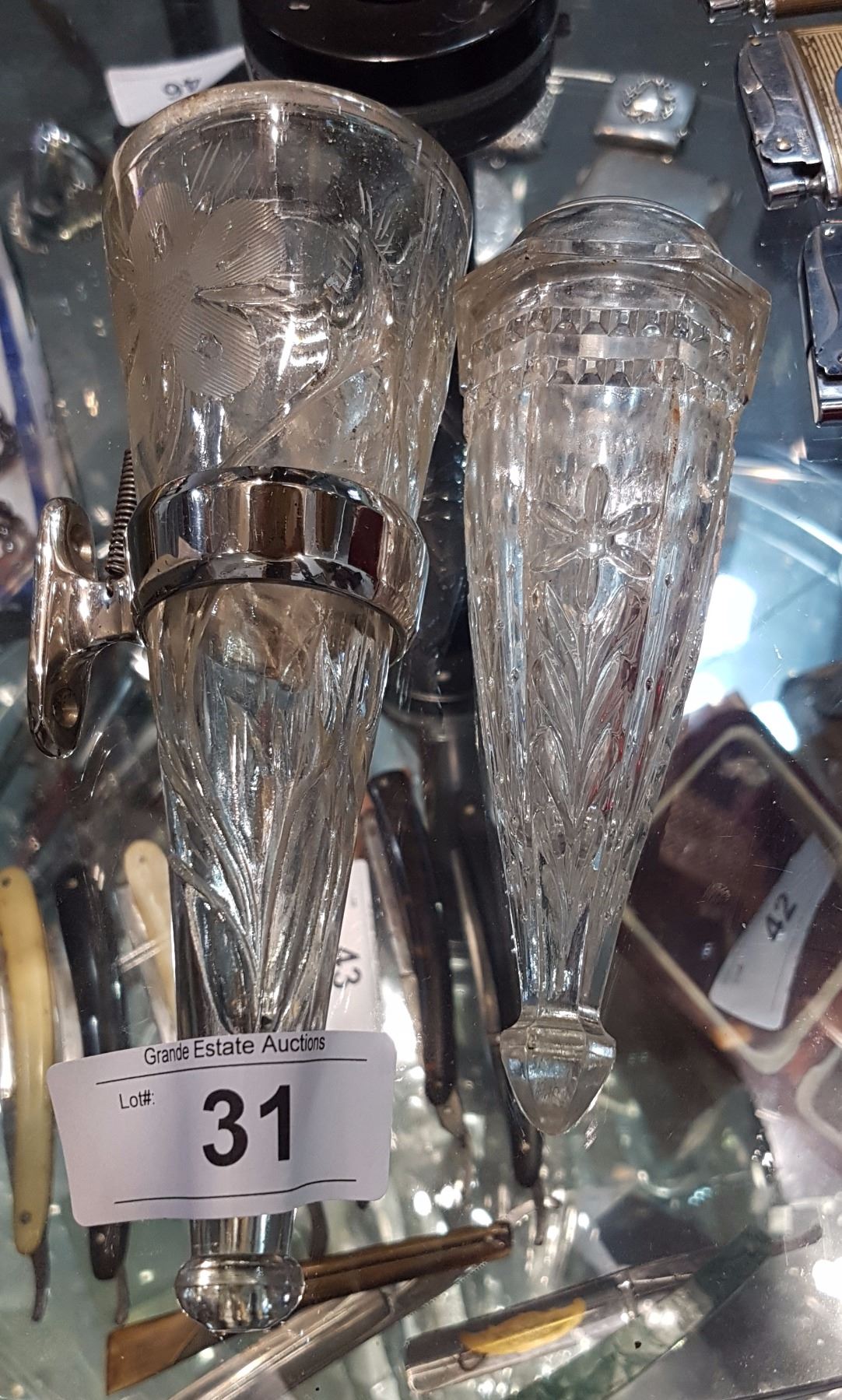 TWO ANTIQUE CUT GLASS AUTOMOBILE FLOWER VASES