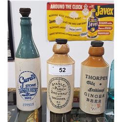 LOT OF 3 STONE WARE GINGER BEER BOTTLES