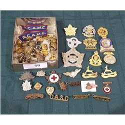 BOX LOT OF MISC ARMY BADGES, POST OFFICE BADGES, BUTTONS ETC