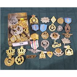 BOX LOT OF MISC MEDALS, BADGES, ETC