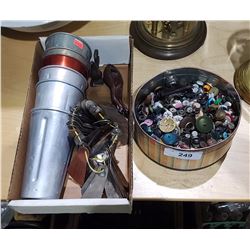 BOX LOT OF COLLECTIBLES & TIN OF BUTTONS