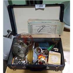 SMALL SUITCASE W/MISC COLLECTIBLES