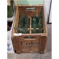 WOODEN COCA COLA CRATE W/GREEN GLASS COCA COLA BOTTLES