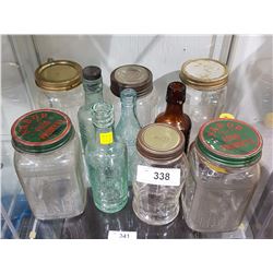 SHELF LOT 10 NABOB COFFEE JARS, MALKIN COFFEE JARS, ANTIQUE THORPE POP BOTTLES