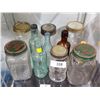 Image 1 : SHELF LOT 10 NABOB COFFEE JARS, MALKIN COFFEE JARS, ANTIQUE THORPE POP BOTTLES