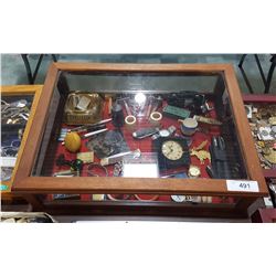 DISPLAY CASE W/TIN TYPE PHOTOS, POCKET KNIVES, RAZORS, WATCHES ETC