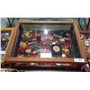 Image 1 : DISPLAY CASE W/TIN TYPE PHOTOS, POCKET KNIVES, RAZORS, WATCHES ETC