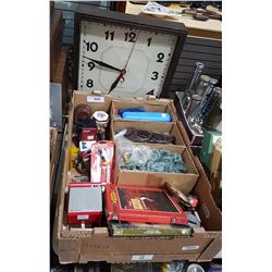 BOX LOT OF COLLECTIBLES AND WALL CLOCK