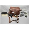 Image 1 : Tray Lot : Heavy Leather Bag : Various trigger and cable locks w/keys - Set of Rings - Weaver B4 Sco