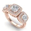 2.75 CTW Cushion Cut VS/SI Diamond Art Deco 3 Stone Ring 18K Rose Gold - REF-609N3A - 37041