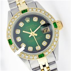 Rolex Ladies Two Tone 14K Gold/SS, Diam Dial & Diam/Emerald Bezel, Sapphire Crystal - REF-440A7N