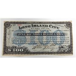 Improvement Certificate Long Island City, NY, 1876 Issued Circulating Obsolete Bond/Banknote.