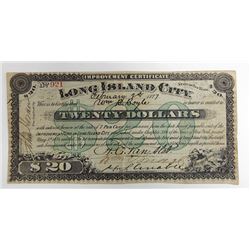 Improvement Certificate Long Island City, NY, 1877 Issued Circulating Obsolete Bond/Banknote.