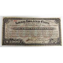 Improvement Certificate Long Island City, NY, 1878 Issued Circulating Obsolete Bond/Banknote.