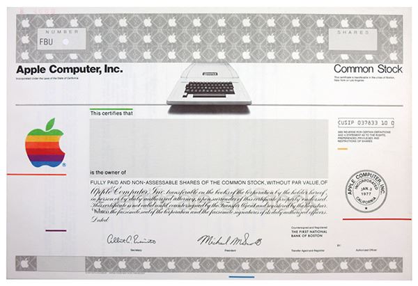 Apple Computer Inc 1977 Specimen Stock Certificate With Apple Logo Early Apple Computer Image