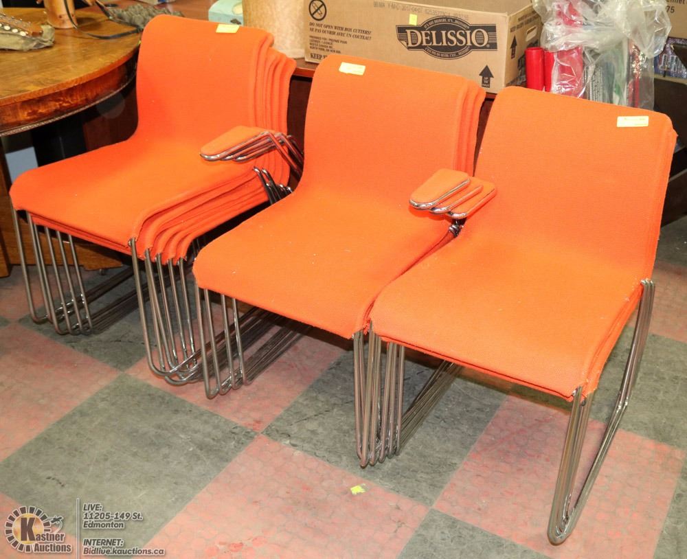 GROUP OF 15 HEAVY ORANGE STACKABLE CHAIRS