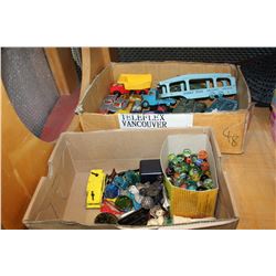 TRAY OF TOY CARS TRUCKS AND TANK AND TRAY OF MARBLES