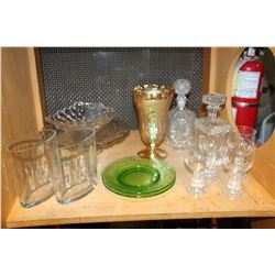 SHELF LOT OF CRYSTAL DECANTERS SERVING PIECES ART DECO GOBLETS AND DEPRESSION GLASS