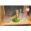 Image 1 : SHELF LOT OF CRYSTAL DECANTERS SERVING PIECES ART DECO GOBLETS AND DEPRESSION GLASS