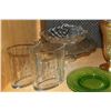 Image 2 : SHELF LOT OF CRYSTAL DECANTERS SERVING PIECES ART DECO GOBLETS AND DEPRESSION GLASS
