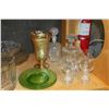 Image 3 : SHELF LOT OF CRYSTAL DECANTERS SERVING PIECES ART DECO GOBLETS AND DEPRESSION GLASS
