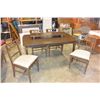 Image 1 : VINTAGE PAINTED BROWN DINING TABLE AND 4 CARVED BACK REUPHOLSTERED CHAIRS