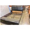 Image 1 : NEW FLOOR MODEL QUEENSIZE MODERN BEDFRAME WITH TWO STORAGE DRAWERS AND LEATHER INSET HEADBOARD, RETA