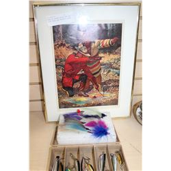 CARD OF SALMON FLIES AND BOX WITH LURES AND MOUNTIE PRINT