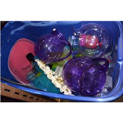 LARGE TOTE OF PLASTIC DISHES AND BOX OF NEW ITEMS CHESSE SHAKERS BRUSHES NOTEPADS ETC