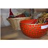 Image 1 : BASKET OF CHRISTMAS DECORATIONS AND LARGE RED BOWL