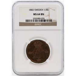 1802 Sweden 1/4 Skilling Coin NGC MS64BN