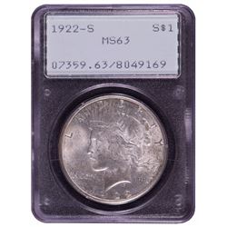1922-S $1 Peace Silver Dollar Coin PCGS MS63