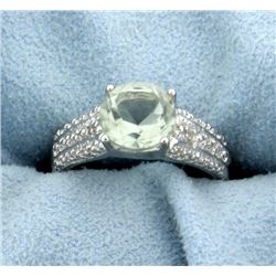 Green Amethyst and Diamond Ring in Plainum over Sterling Silver