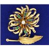 Image 1 : Emerald, Sapphire, and Diamond Feather/Flower Pin Brooch