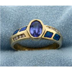 Tanzanite, Black Opal, and Diamond Ring