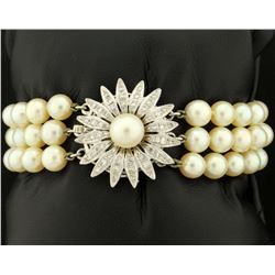 Antique Diamond and Akoya Pearl Three Strand Bracelet