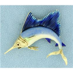 14k Gold Enameled Sailfish Pin